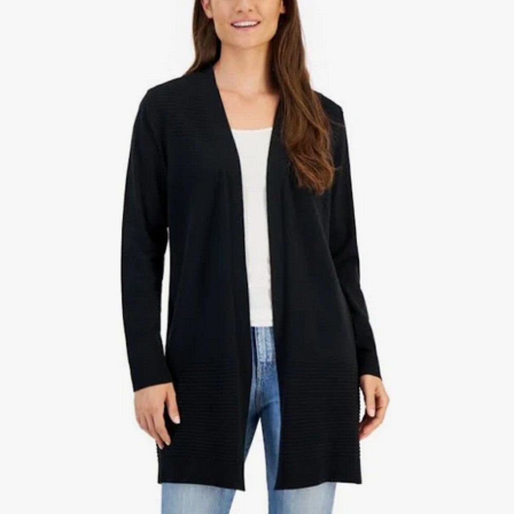 KAREN SCOTT Ribbed Long Line Open Cardigan Duster Ottoman-Knit Black Sz S NWT